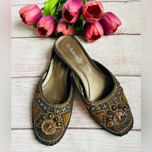 Amanda Women’s Katmandu Brown Bronze Y2K Embellished Beaded Sequin Mules Sz 8.5